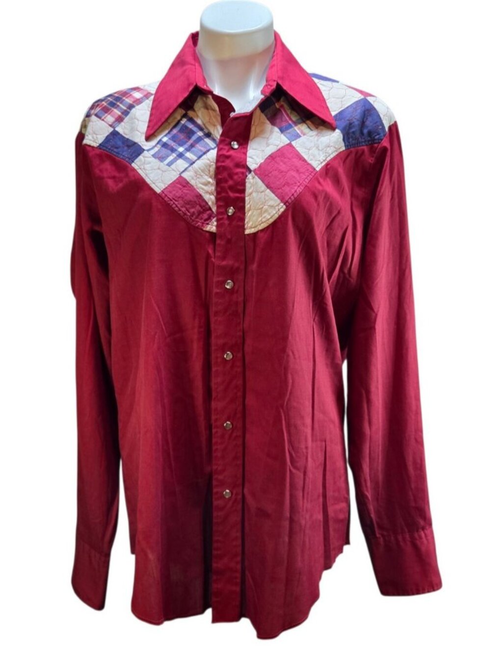Vintage Handmade Quilted Yoke Shirt Fits Approx L/XL Red Pearl Snap